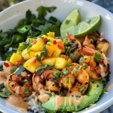 Shrimp and Avocado Bowls with Mango Salsa and Lime Chili Sauce taken with iphone 15 pro max --iw 2 --ar 4:5 --v 6.0 --raw