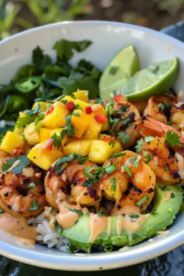 Shrimp and Avocado Bowls with Mango Salsa and Lime Chili Sauce taken with iphone 15 pro max --iw 2 --ar 4:5 --v 6.0 --raw