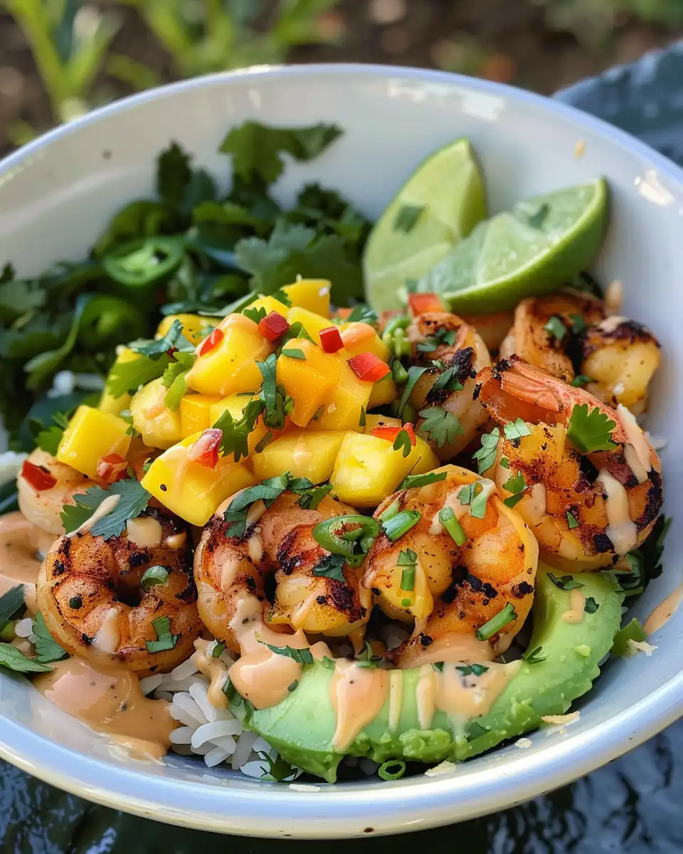 Close-up of shrimp and avocado bowl with mango salsa and lime chili sauce