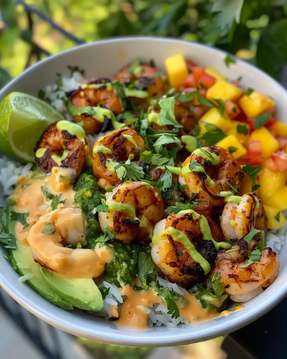 Ingredients for shrimp avocado bowls with mango salsa and lime chili sauce clearly arranged