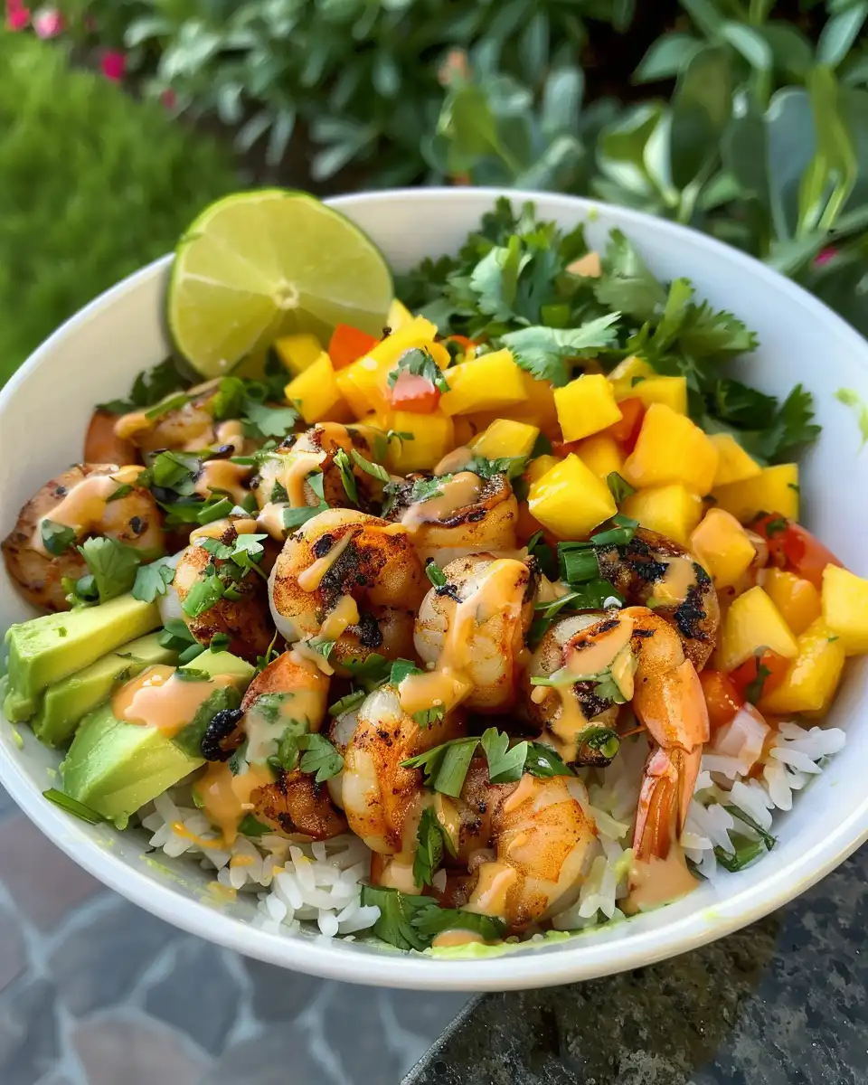 Finished shrimp and avocado bowls served with mango salsa and drizzled lime chili sauce