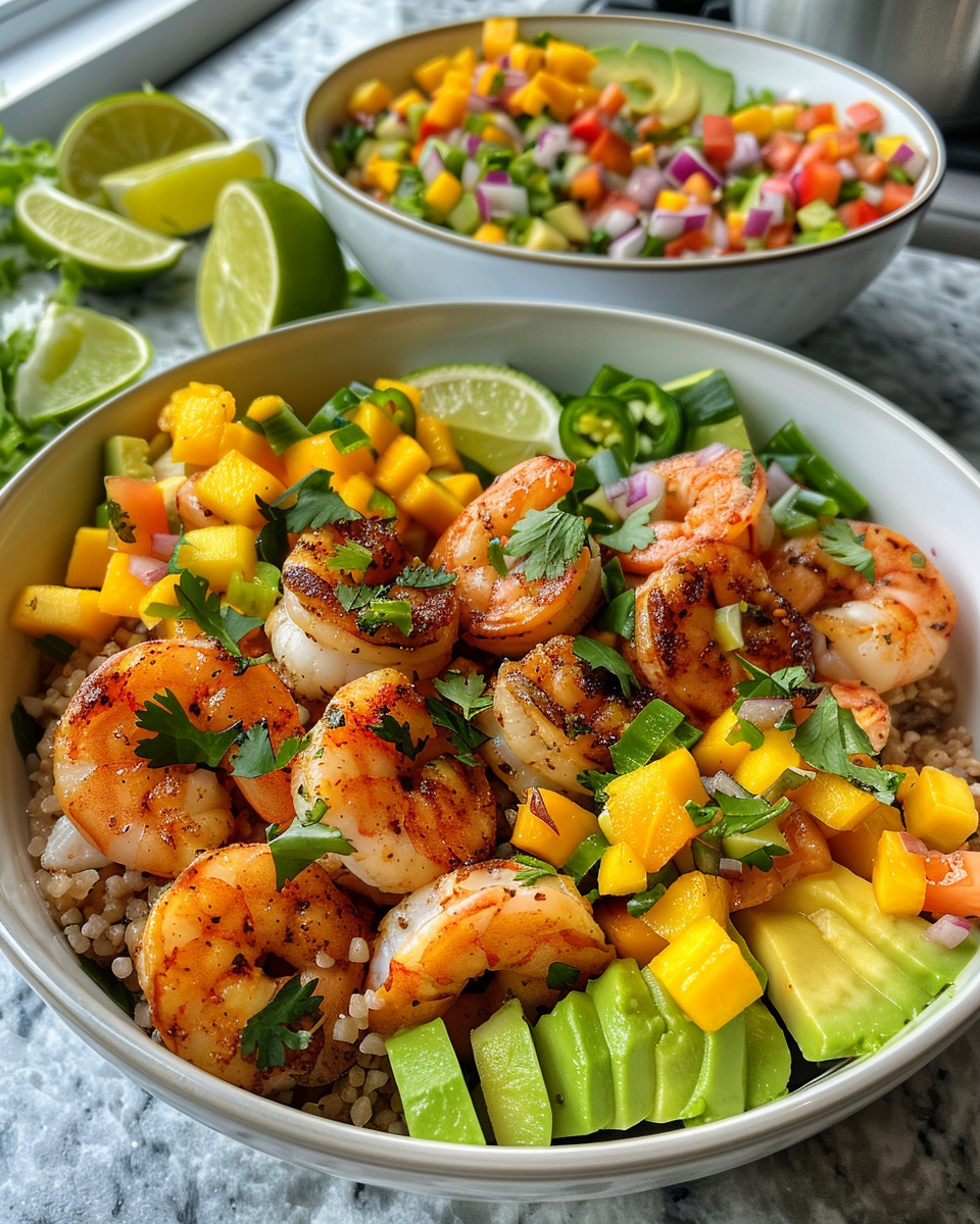 Pressure cooker steaming shrimp and avocado bowls with mango salsa and lime chili sauce