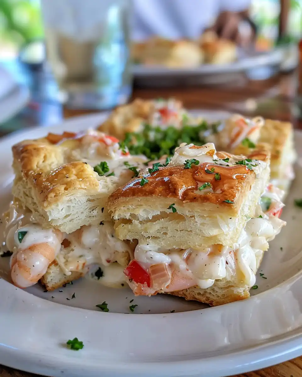 Finished shrimp crab biscuit melts golden and bubbling on plate