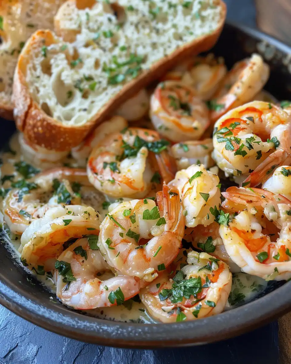 Shrimp scampi cooking in a pressure cooker with garlic bread
