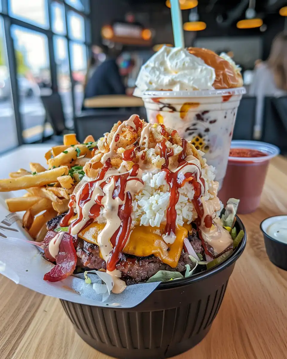 Finished smash burger bowl served with ranch-coated waffle fries