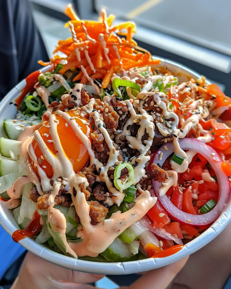 Ingredients for smash burger bowl with fries and house sauce