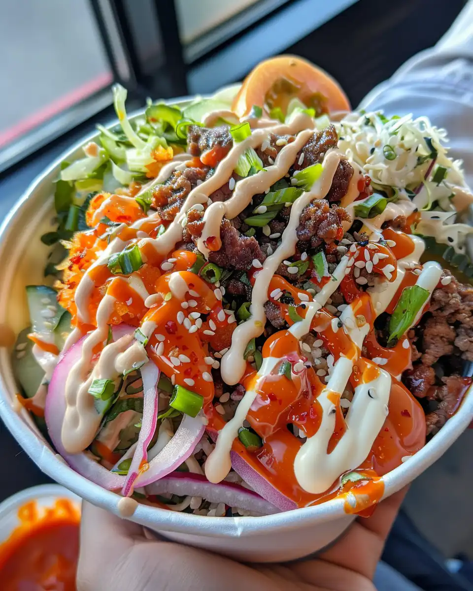 Finished smash burger bowl served with ranch seasoned waffle fries