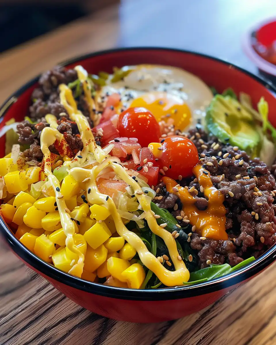 Close up of smash burger bowl with fresh ingredients
