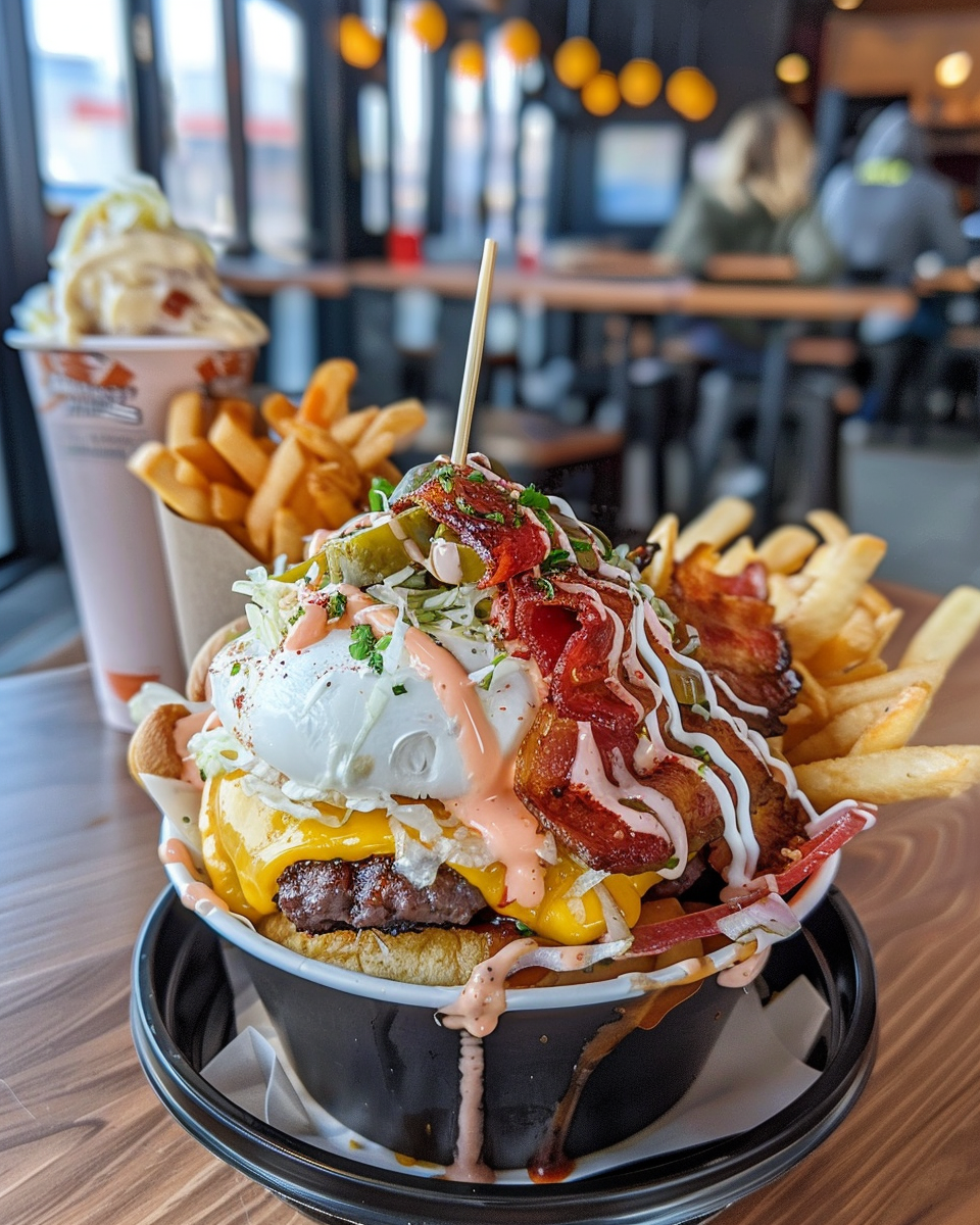Juicy smash burger bowl in pressure cooker with steam