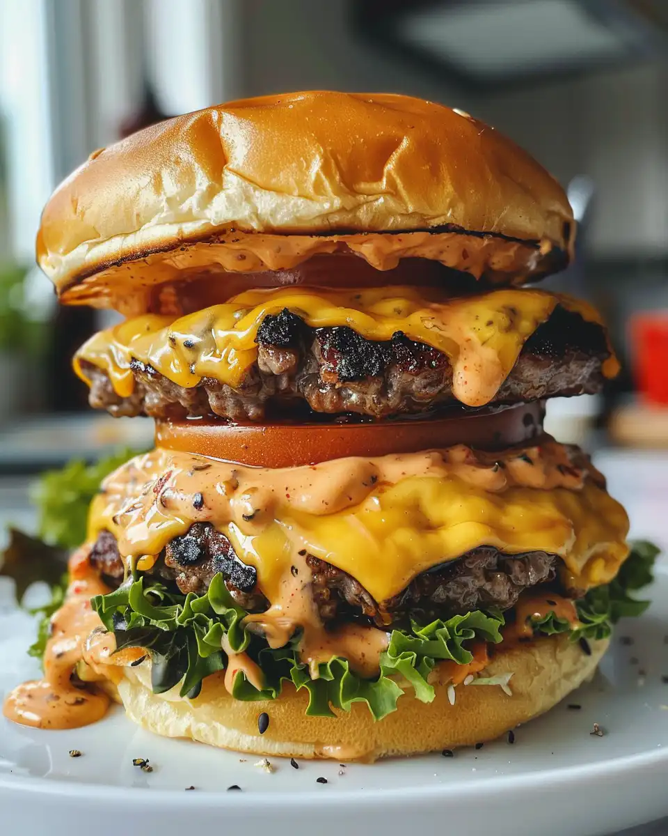 Finished smash burgers with baconnaise sauce and fresh toppings