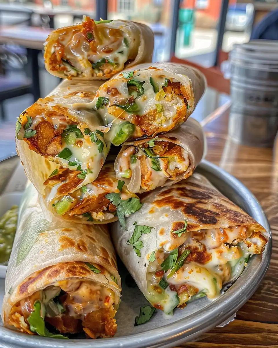 Finished crispy southwest chicken egg rolls served with ranch dip