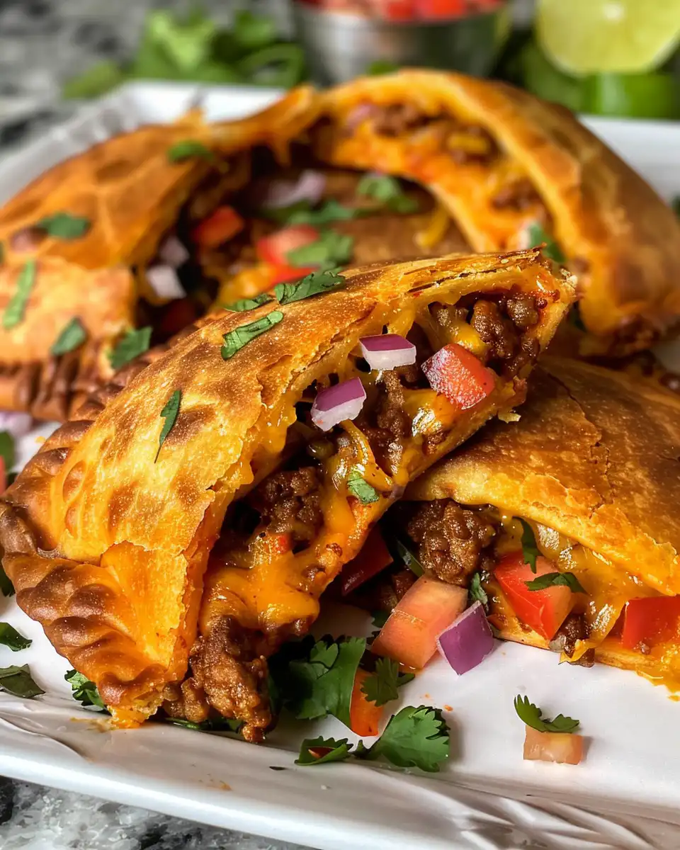 Golden brown taco pockets fresh from the air fryer with melted cheese