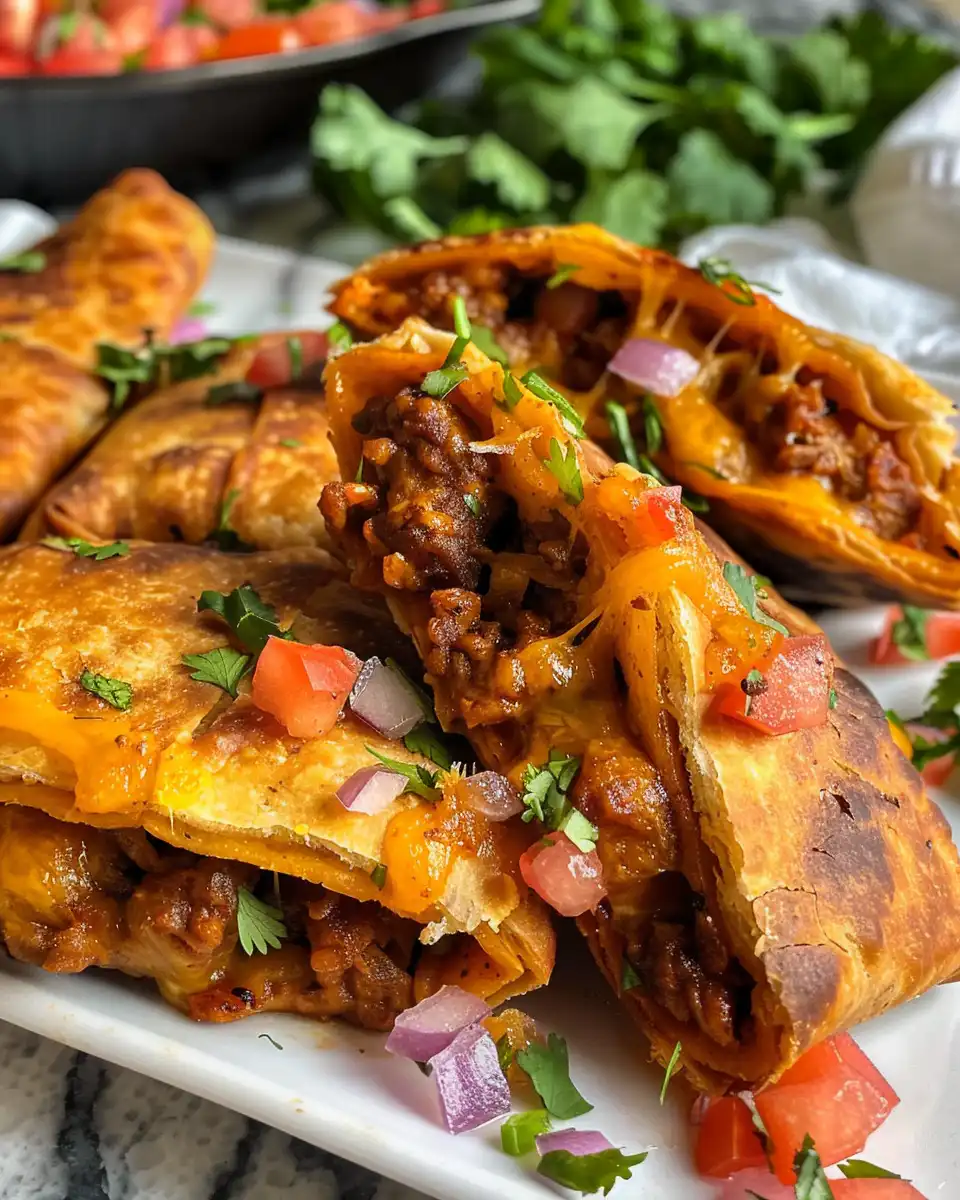 Ingredients of taco pockets including ground beef, corn, beans, and spices