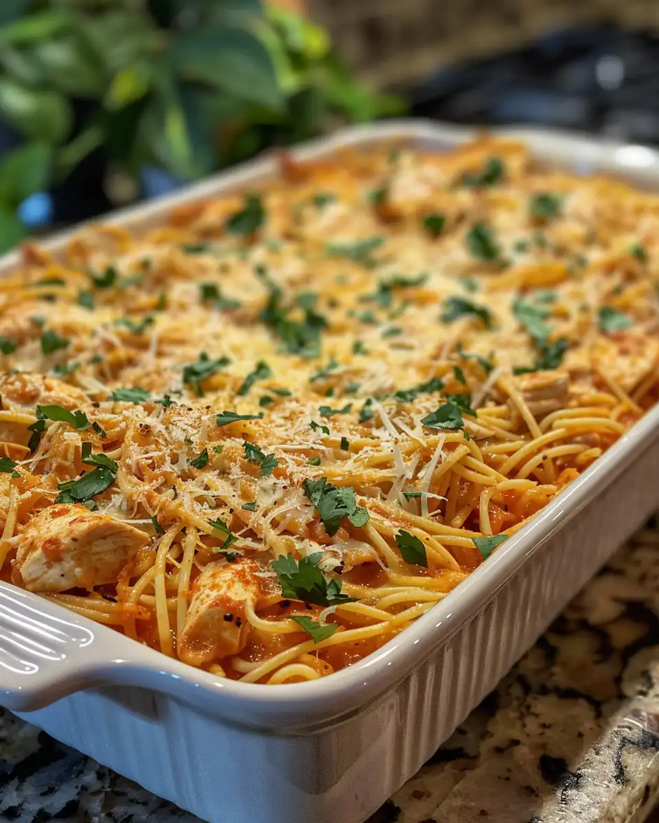 Spicy chicken spaghetti casserole plated and ready to enjoy
