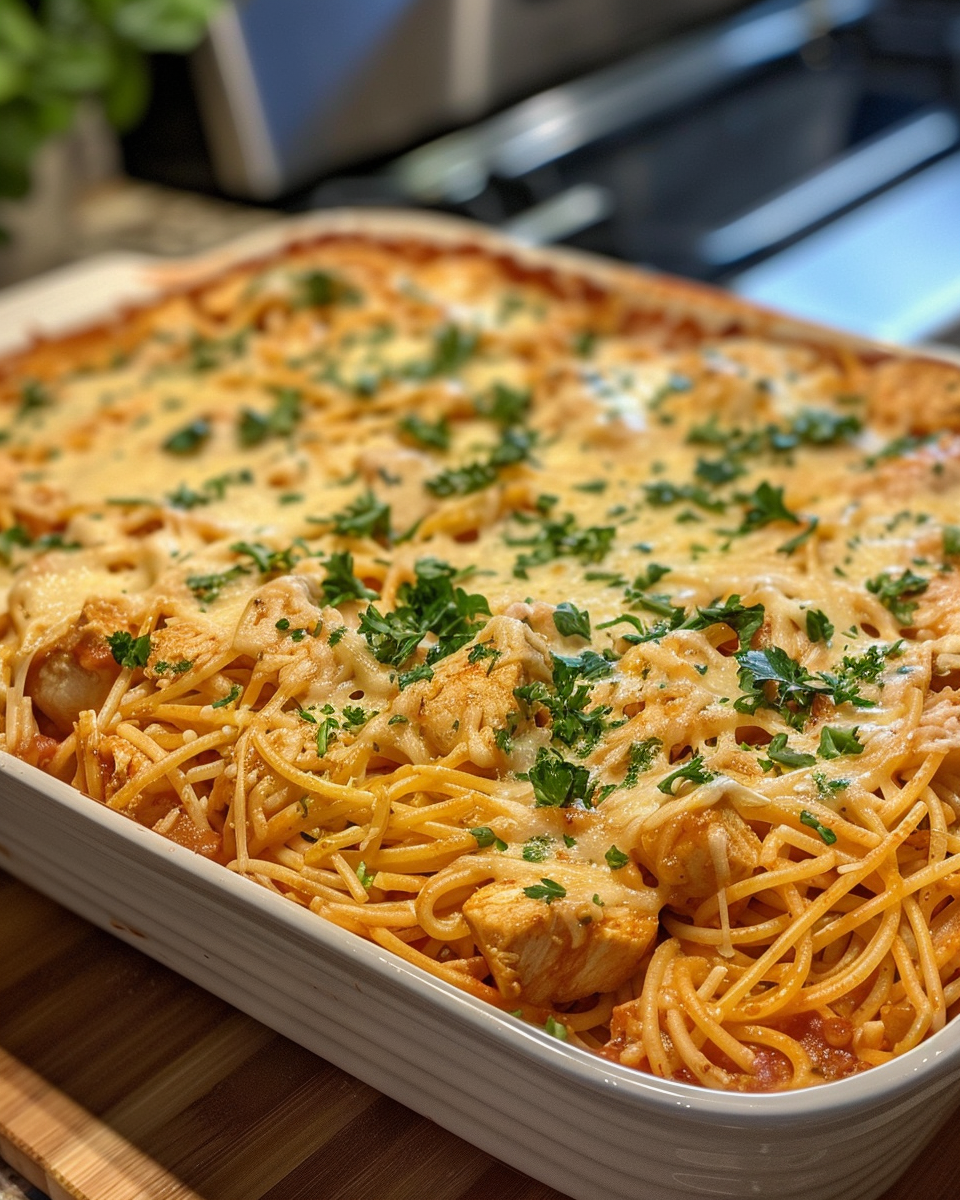 Spicy Southern chicken spaghetti casserole fresh from the pressure cooker