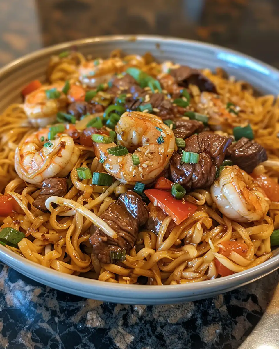 Serving of finished shrimp stir fry noodles garnished and ready to eat