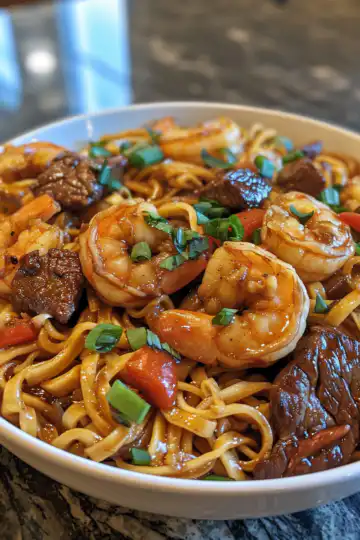Steak and Shrimp Stir Fried Noodles taken with iphone 15 pro max --iw 2 --ar 4:5 --v 6.0 --raw