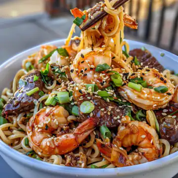 Steak and Shrimp Stir Fried Noodles taken with iphone 15 pro max --iw 2 --ar 4:5 --v 6.0 --raw