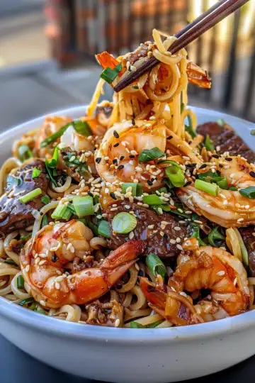 Steak and Shrimp Stir Fried Noodles taken with iphone 15 pro max --iw 2 --ar 4:5 --v 6.0 --raw