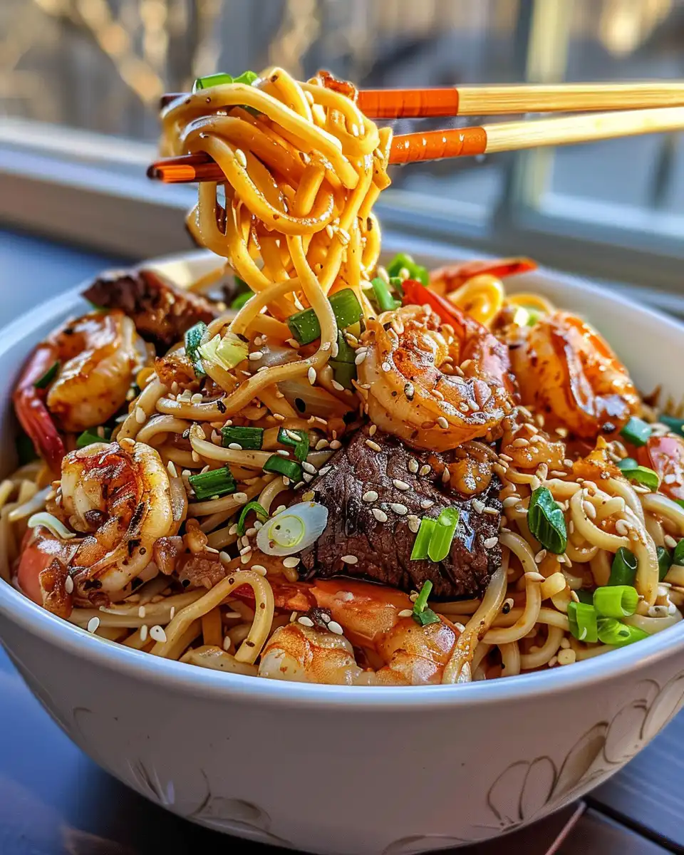 Ingredients for shrimp stir fry noodles laid out ready to cook