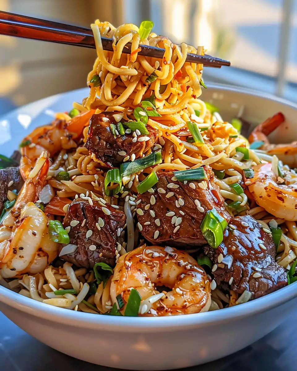 Finished plated shrimp stir fry noodles with sesame seeds garnished