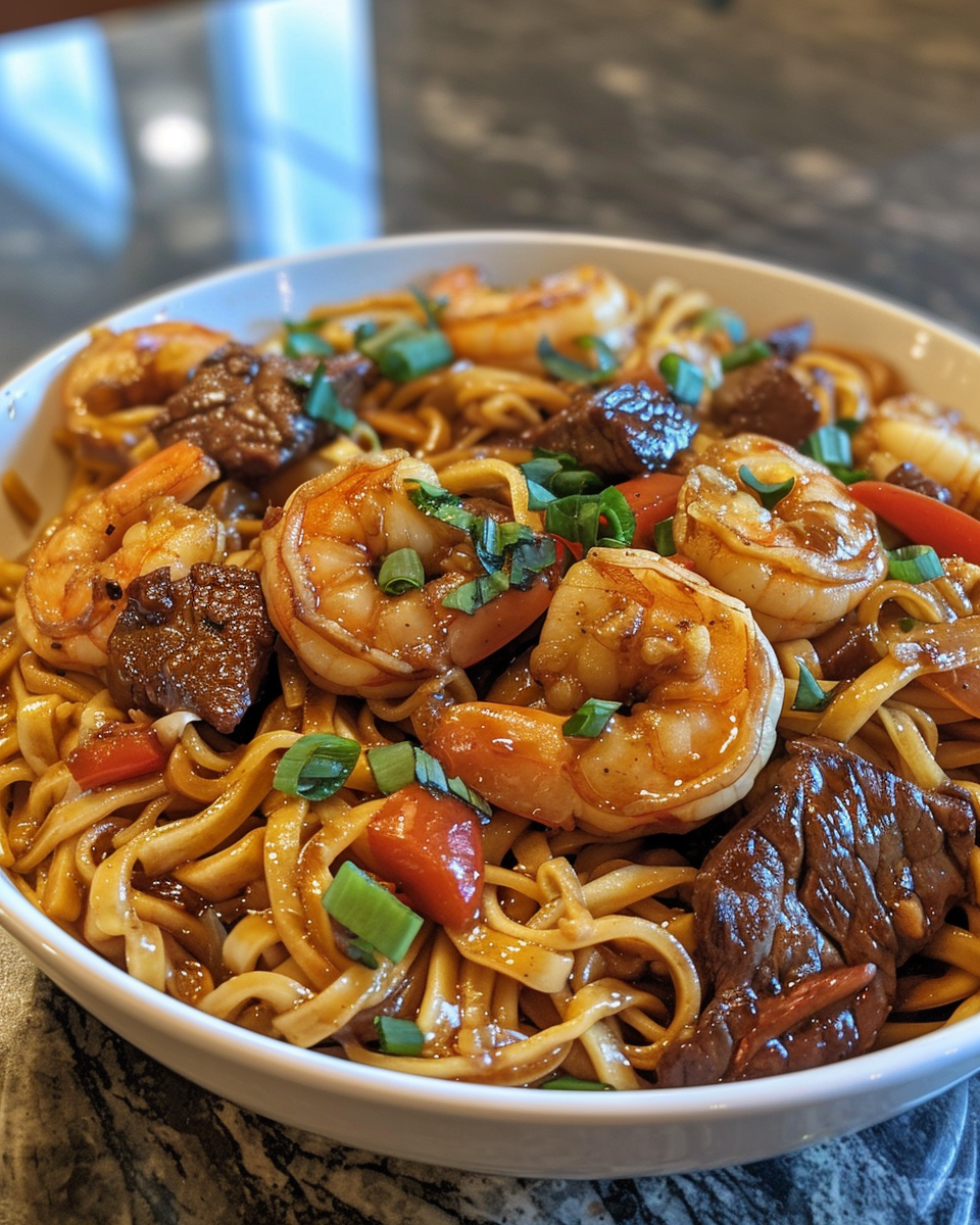 Steam rising from pressure cooker with shrimp stir fry