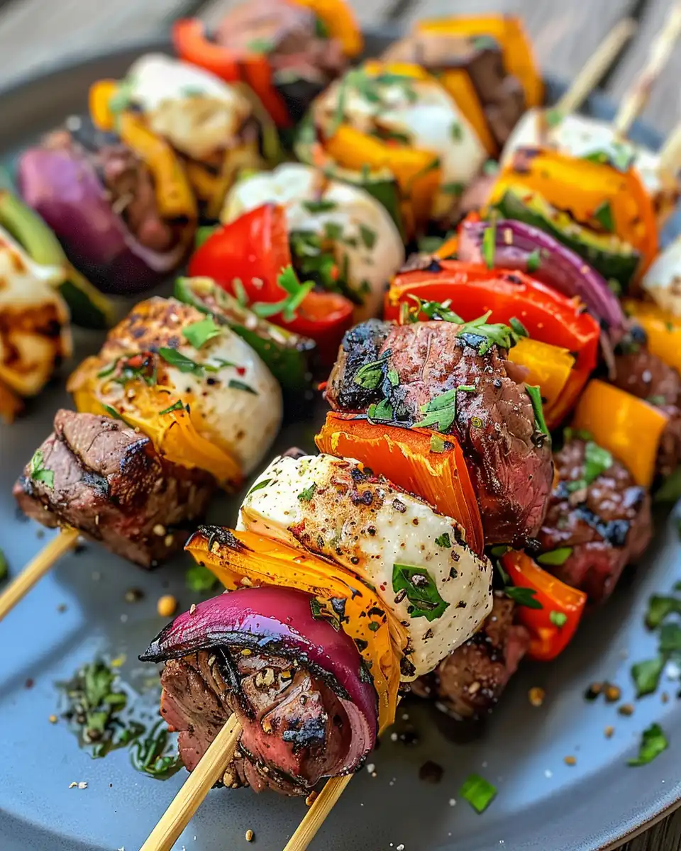 Steak kabobs assembled on skewers with colorful vegetables