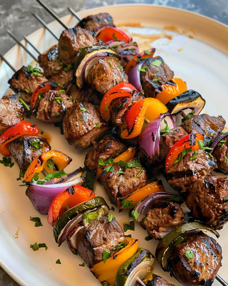 Steam rises from pressure cooker with steak kabobs inside