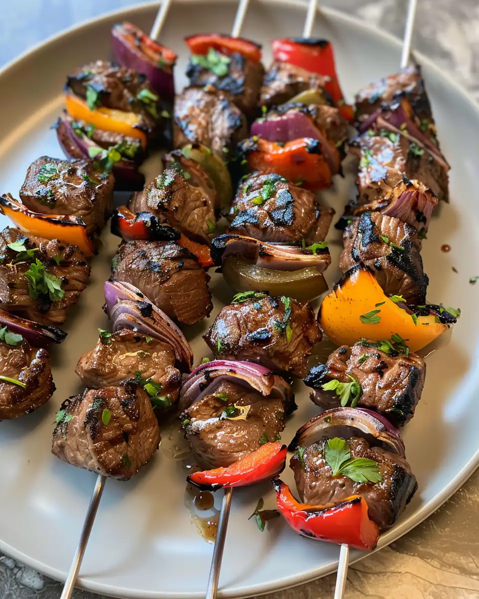 Fresh ingredients for steak kabobs including steak cubes and colorful vegetables