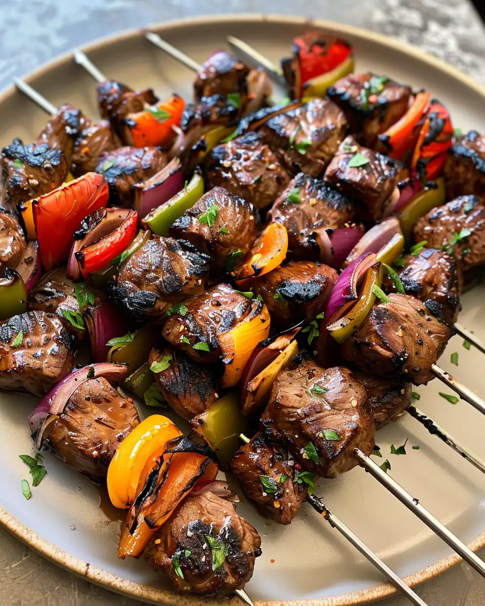Plate of cooked steak kabobs ready to serve with garnish