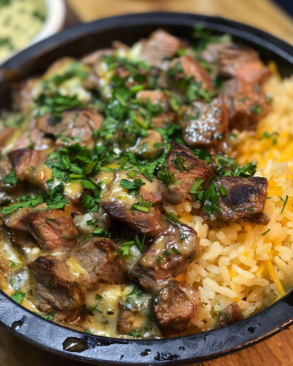 Pressure cooker bubbling with steak queso rice dish
