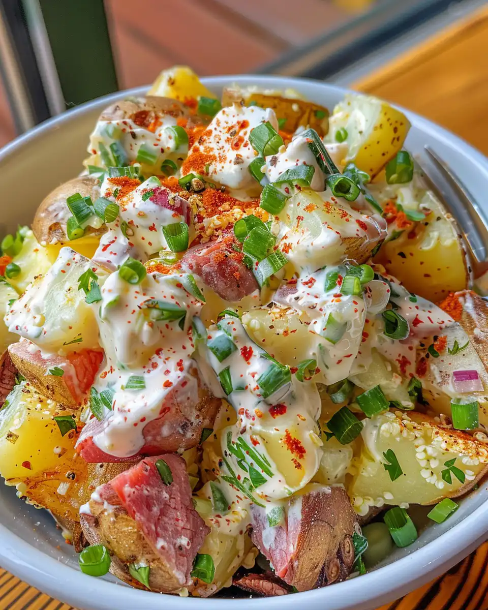 Fresh ingredients for steakhouse potato salad including potatoes, bacon, cheddar, and green onions