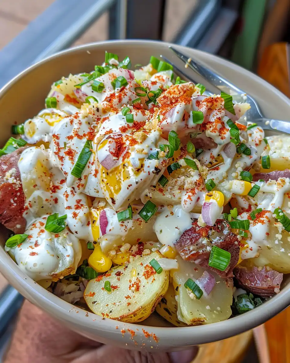 Chilled and served steakhouse potato salad with cheddar and bacon