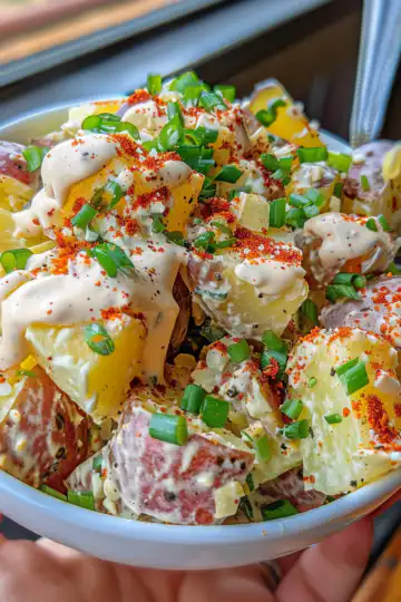 Steakhouse Potato Salad taken with iphone 15 pro max --iw 2 --ar 4:5 --v 6.0 --raw