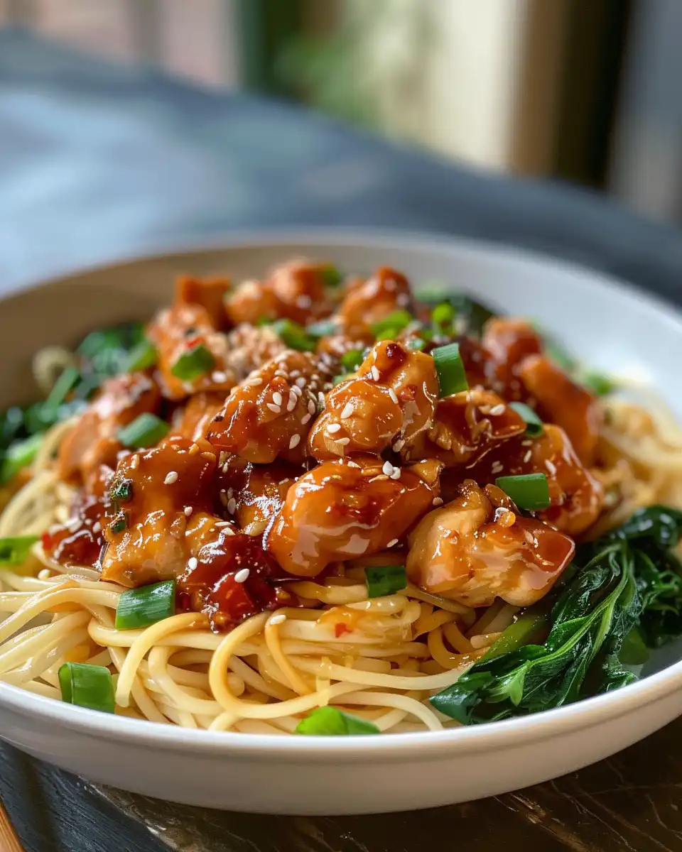 Ingredients for sticky garlic chicken with noodles laid out on kitchen surface