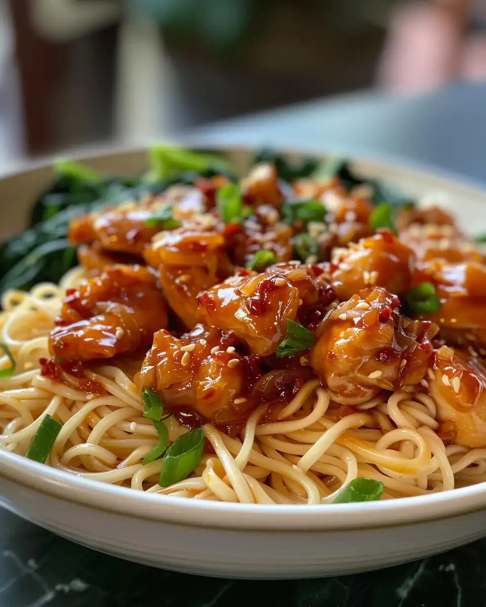 Final cooked sticky garlic chicken and noodles plated for serving