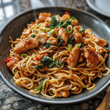 Sticky Garlic Chicken Noodles taken with iphone 15 pro max --iw 2 --ar 4:5 --v 6.0 --raw