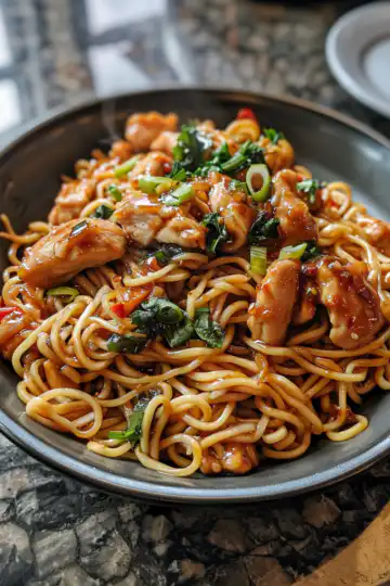Sticky Garlic Chicken Noodles taken with iphone 15 pro max --iw 2 --ar 4:5 --v 6.0 --raw