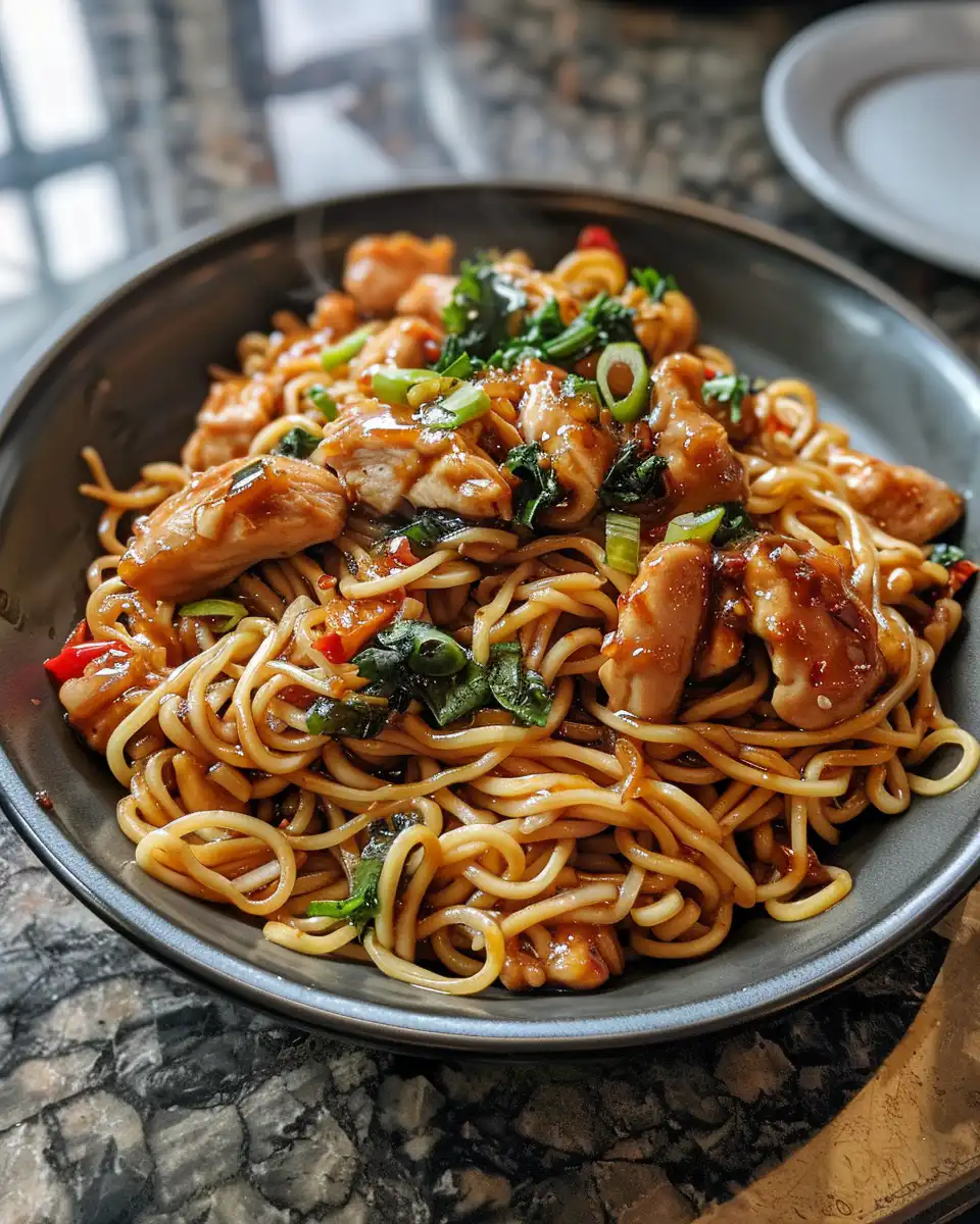 Pressure cooker honey garlic chicken noodles simmering in pot