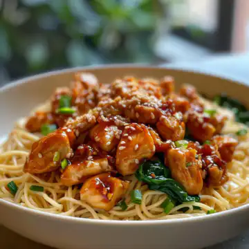 Sticky Garlic Chicken Noodles taken with iphone 15 pro max --iw 2 --ar 4:5 --v 6.0 --raw