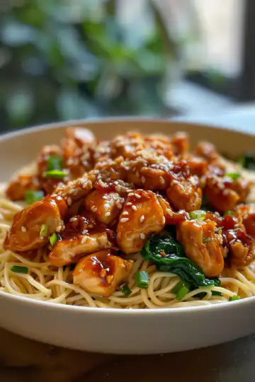 Sticky Garlic Chicken Noodles taken with iphone 15 pro max --iw 2 --ar 4:5 --v 6.0 --raw