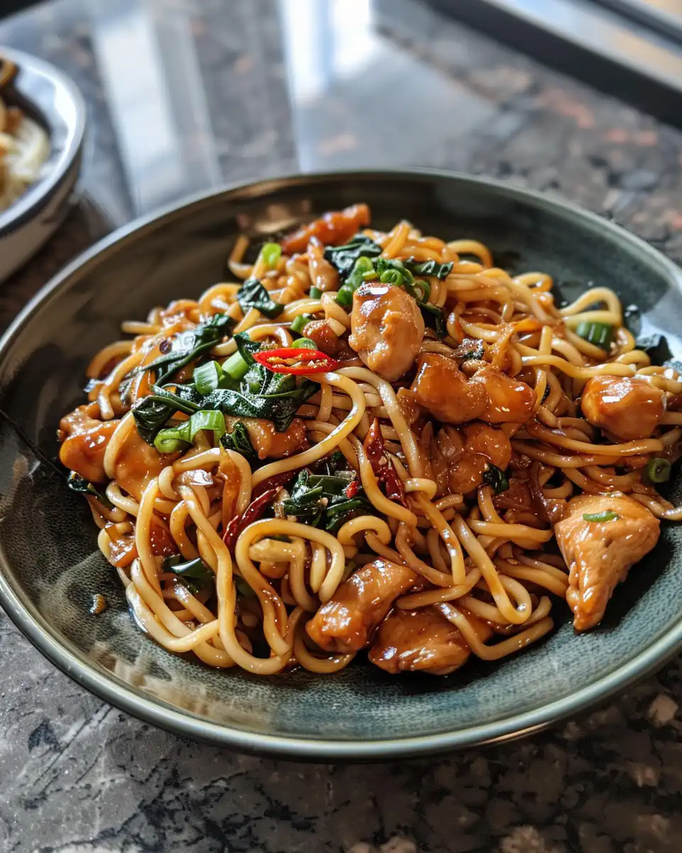 Ingredients for sticky honey garlic chicken noodles laid out on kitchen counter