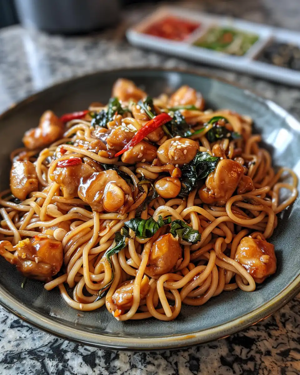 Serving of finished sticky honey garlic chicken noodle dish on plate