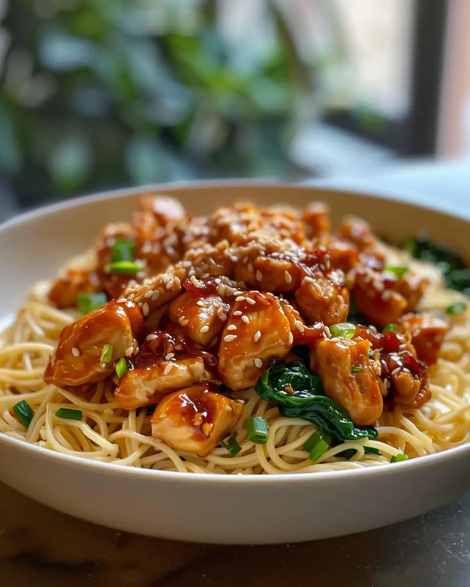 Steam rising from pressure cooker with sticky garlic chicken and noodles