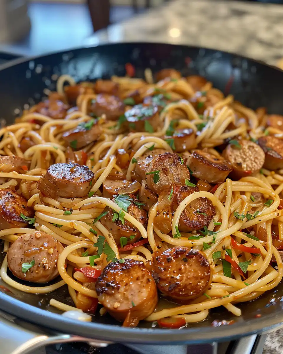 Ingredients sizzling in skillet for sticky honey garlic sausage pasta