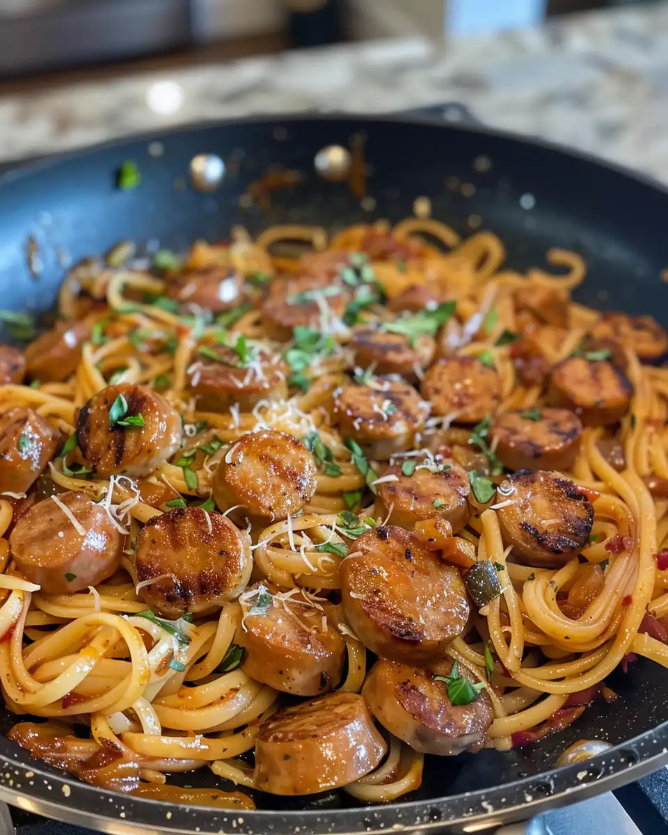 Finished sticky honey garlic sausage pasta served with fresh green onion garnish