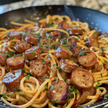 Sticky Honey Garlic Sausage Pasta Skillet taken with iphone 15 pro max --iw 2 --ar 4:5 --v 6.0 --raw