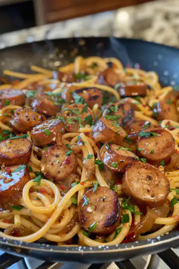 Sticky Honey Garlic Sausage Pasta Skillet taken with iphone 15 pro max --iw 2 --ar 4:5 --v 6.0 --raw