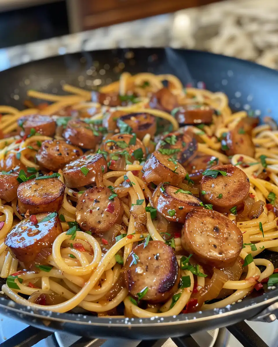 Pressure cooker releasing steam with honey garlic sausage pasta aroma