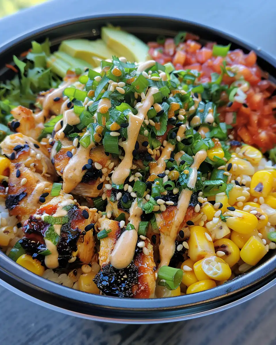 Fully assembled street corn chicken bowl with toppings ready to serve